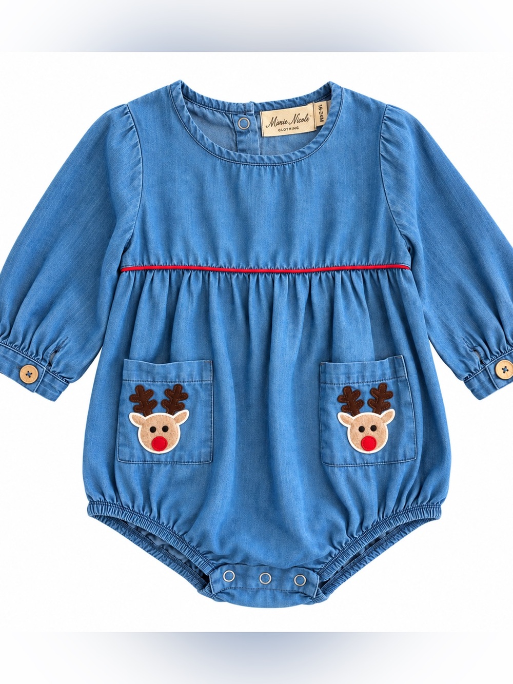 Marie Nicole 18-24M Reindeer Christmas Chambray Bubble Romper